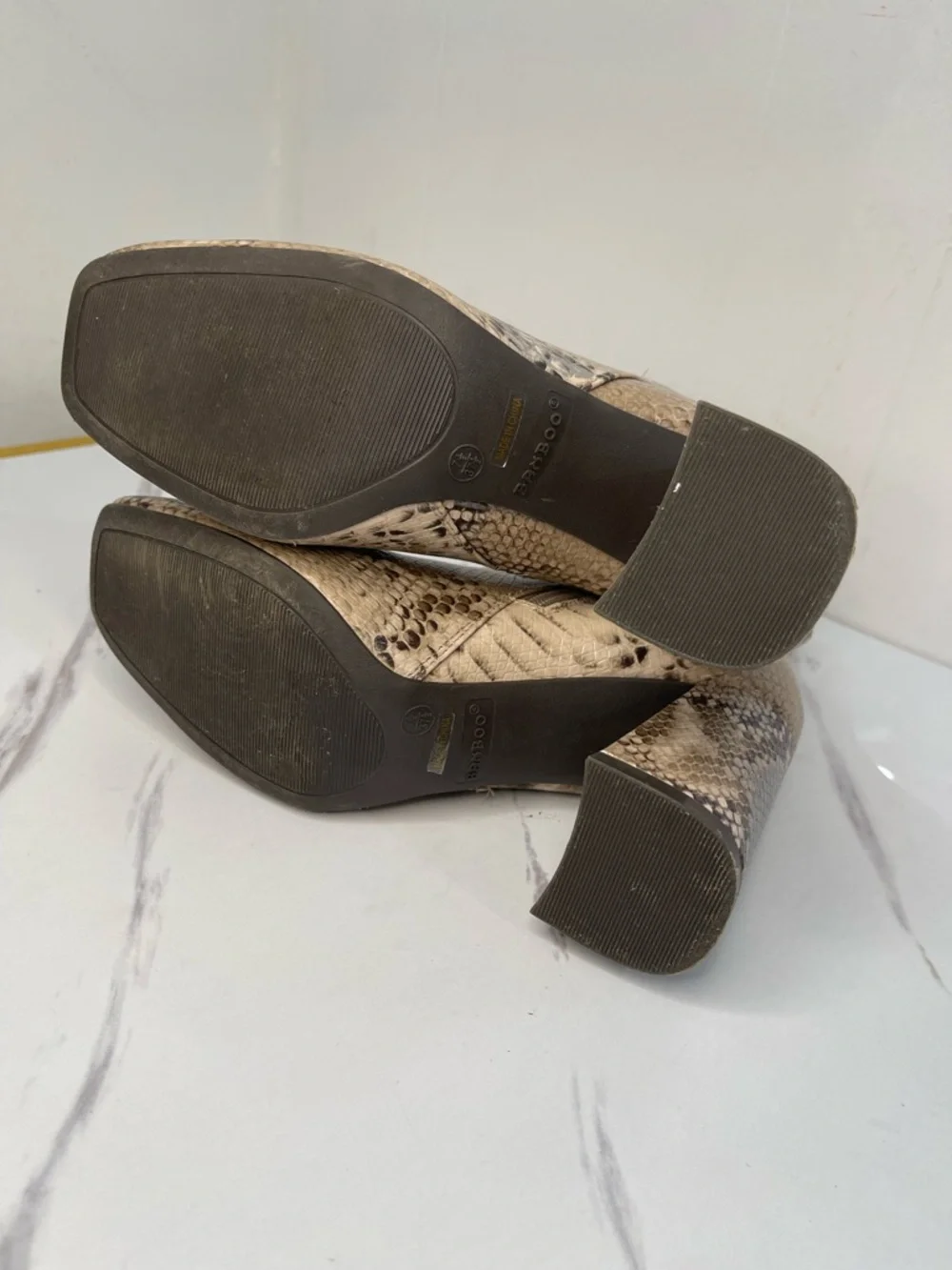 BAMBOO Snake-Print Block Heel Ankle Boots in Beige and Brown Size 7.5M